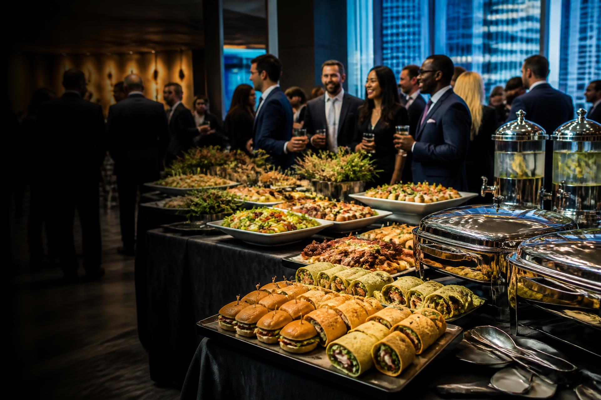 Corporate guests enjoying a professionally catered buffet with sandwiches, salads, appetizers and chafing dishes